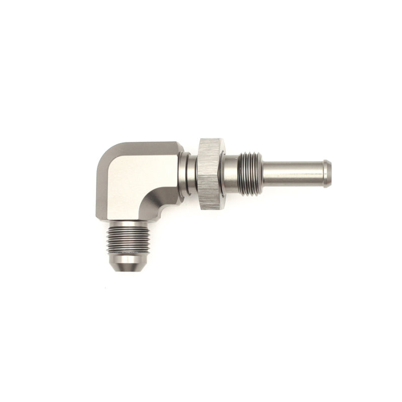 DeatschWerks 6AN Male Flare To 5/16in. Male Barb Bulkhead Adapter 90-Degree (Incl. Nut)