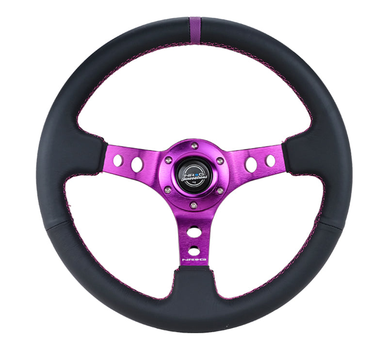 NRG Reinforced Steering Wheel (350mm / 3in. Deep) Black Leather w/Purple Center & Purple Stitching