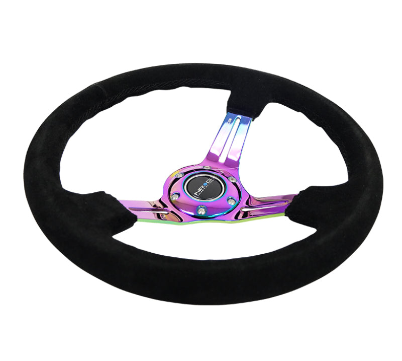 NRG Reinforced Steering Wheel (350mm / 3in. Deep) Blk Suede/Blk Stitch w/Neochrome Slits