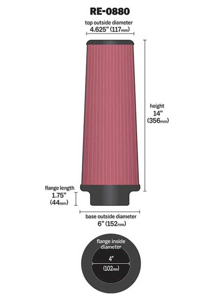 K&N Universal Rubber Filter 4inch FLG / 6inch OD-B / 4-5/8inch OD-T / 14inch H